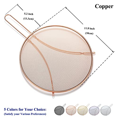 Copper Splatter Screen For Cooking 11.8'', Stainless Steel Grease Splatter Guard For Frying Pan, Fine Mesh Splatter Screen With Resting Feet, Comfort Grip Handle, Safe Cooking Lid, Keeps Kitchen Clean #TOP1