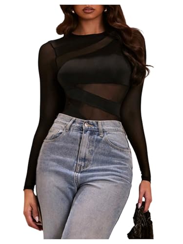GORGLITTER Women's See Through Mesh Long Sleeve Bodysuits Crewneck Sexy Tee Leotards Going Out Body Suits Black Small