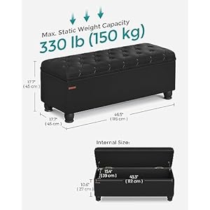 SONGMICS Storage Ottoman Storage Bench Tufted Entryway Bedroom Bench 177 x 465 x 177 Inches Hinges Easy Lid Operation Wooden Legs Synthetic Leather Loads 330 lb Classic Black ULOM071B01