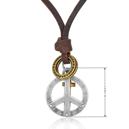 Vintage Anti-war Peace Sign Pendant Necklace, Adjustable Brown Leather, Mens Womens, Tribal Ethnic3