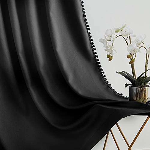 Image of Sliding Door Curtains Black with Pom Poms 100% Full Blackout Curtain Panels for Living Room Bedroom Room Divider Energy Efficient Extra Wide Window Drapes Grommet Top 100 inchW x 84 inchL 1 Panel