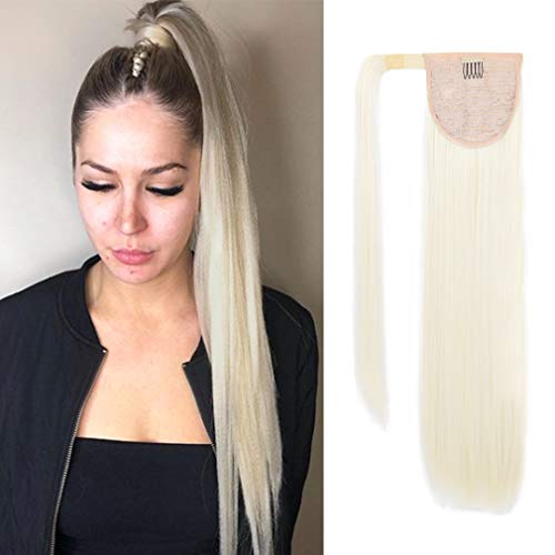 SEIKEA Clip in Ponytail Extension Wrap Around Natural Hairpiece for Women 24 Inch Straight Hair - Platinum
