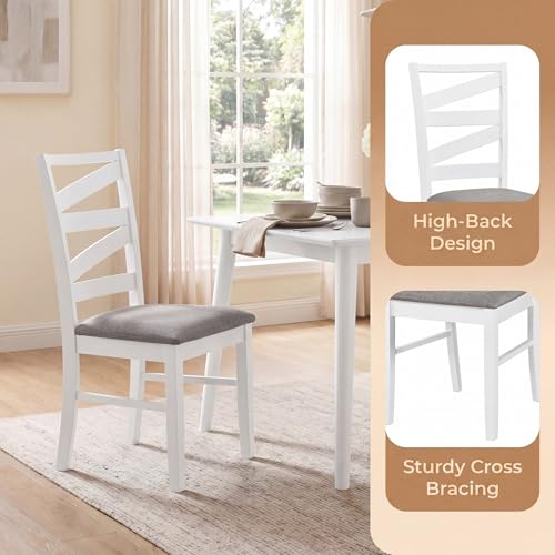 Image of COSTWAY Wooden Dining Chairs Set of 2, Farmhouse Kitchen Side Chair with High Back, Fabric Padded Seat, Armless Chairs for Dining Room, Living Room, Home Kitchen, Restaurant (White & Grey)