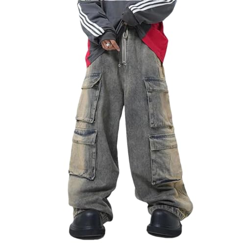 Men Street Wornout Workwear Multiple Pockets Jeans Casual Straight Leg Floor Pants Trousers Loose