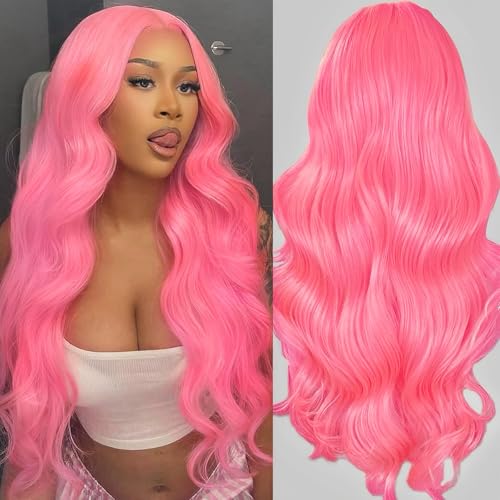AAY Pink Wig Human Hair 13x4 HD Lace Front Wigs Human Hair Pre Plucked Body Wave Wig Human Hair Colored 200 Density Lace Frontal Glueless Wigs Human Hair For Women 24 Inch