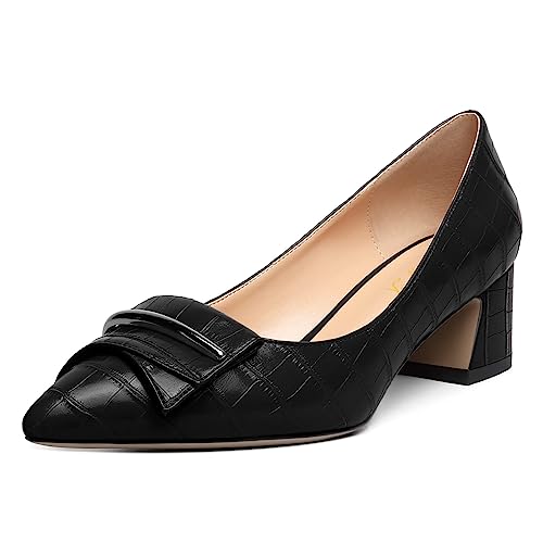 FOWT Women Big Buckle Pointed Toe Pumps Slip on Chunky Block Low Heels Formal Office Evening Shoes Size 4-16 US