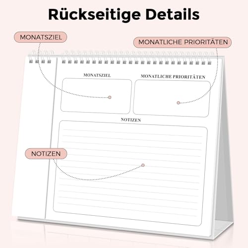 SKYDUE Tischkalender 2026, Kalender Von Nov. 25 Bis Dez. 26, Stehkalender 2026 Zum Aufstellen, Monatskalender Mit Monatsansicht Abreißbarer Liste,27x23x7.8cm, Kalender Schuljahr (Rosa Silber)
