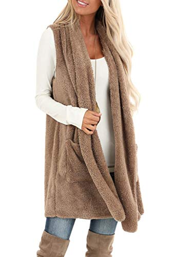 Reachme Womens Sleeveless Sherpa Vest With Pockets Lapel Open Front Fleece Cardigan Sweater Fuzzy Jacket Coat(01 Khaki,Xl) #TOP1