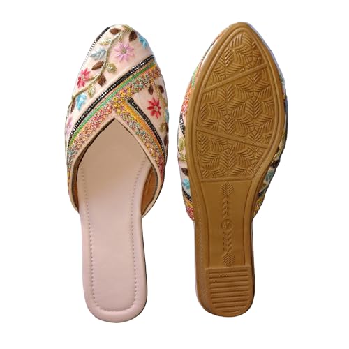 Image of Women's Embroidered Floral Juttis | Ethnic Jutti Flats | Handcrafted Flat Slip-On Mules with Beaded Embellishments