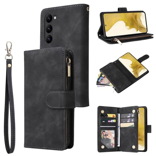 Étui portefeuille Samsung S24 avec zip noir en cuir à rabat