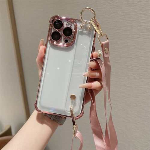 Étui rigide transparent iPhone 14 anti-chute avec bracelet cuir rose