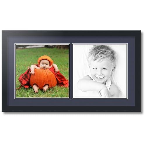 ArtToFrames Collage Photo Frame Double Mat with 2-11x11 Openings with Satin Black Frame and Blue Jay mat.