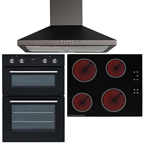 SIA DO102 60cm Black Built In Double Electric True Fan Oven & CERH60BL 4 Zone Touch Control Electric Ceramic Hob & CHL60BL Chimney Cooker Hood