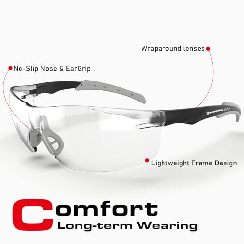 IMPACTABLE ANSI Z87.1 Fit-Upgraded Safety Glasses – Anti-Fog, UV, Impact & Scratch Resistant – Clear Wraparound for Work, Pickleball, Racquetball – No-Slip Nose Grip – 1 Pack