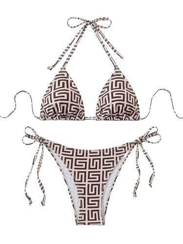 Image of ZAFUL Womens Printed Triangle Bikinis 2 Piece Halter Bikini Sets High Cut Bathing Suit Side Tie Swimsuits