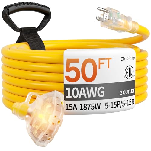 Deeklify 50 ft 10 Gauge Heavy Duty 3 Outlet Extension Cord Splitter with Indicator, Waterproof Outdoor Extension Cord with Multiple Outlets, 15A 1875W for Workshop, ETL Listed, Flexible Yellow SJTW