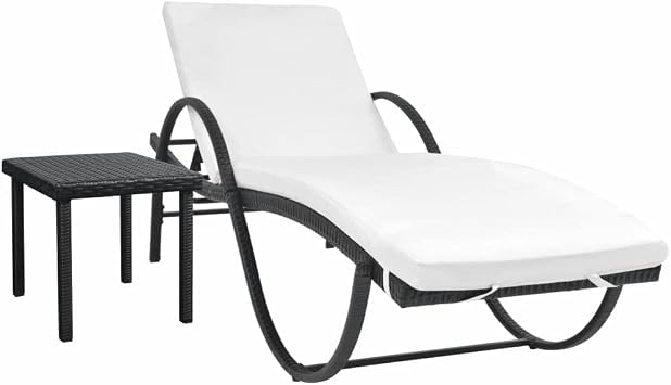 Sun Lounger,Outdoor Chaise,Sun Bed,Wicker Outdoor Furniture,Weather-Resistant,for Lawn,Backyard,Garden,Park,Poolside,Deck,with Cushion & Table Poly Rattan BlackEasy to Maintain