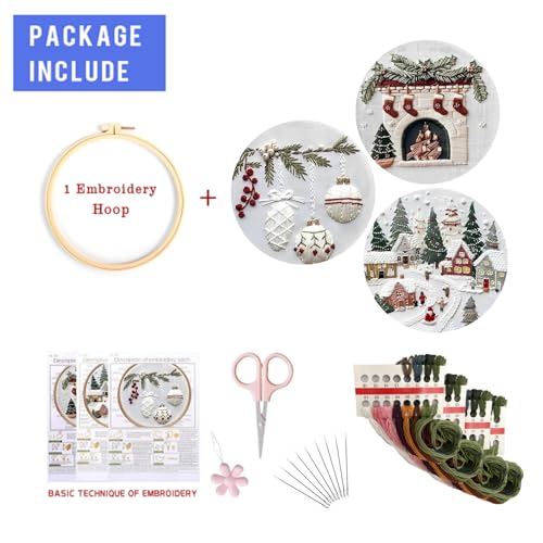 Image of LB Christmas Embroidery Kit for Beginners Adults, 3 Sets Hand Embroidery Starter Kit with Christmas Village and Instructions Stamped Cross Stitch Kits Include Embroidery Hoop Needles Threads Scissors