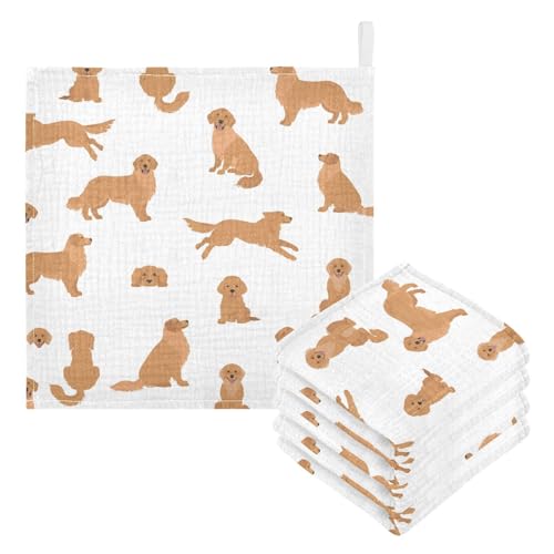 Image of Curbs Baby Washcloths Cartoon Puppy Different Poses, Golden Retriever Dogs Burp Cloths Face Towel Cotton Soft Absorbent Wash Wipe Towels for Newborn Infant Baby, 3 Pack