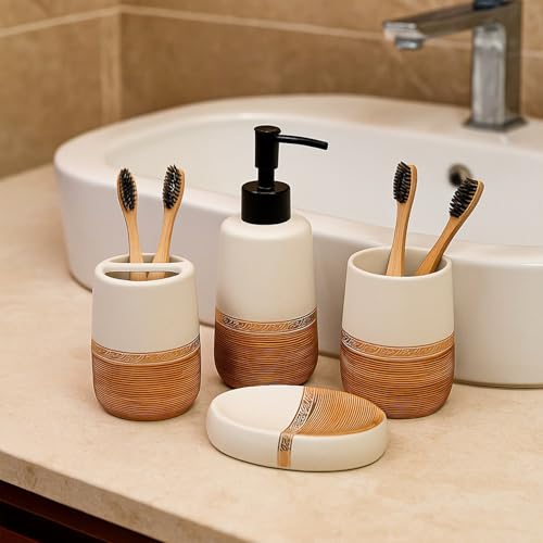 Image of Market99 Ceramic Bathroom Set of 4 in Matte Golden & White with Elegant Wooden Elegance Design, Includes Soap Dispenser, Tumbler, Toothbrush Holder, and Soap Dish, Soap Dispenser 400 ML Capacity