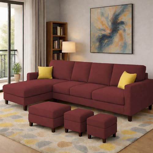 Image of Casaliving Rolando Seater L Shape Sofa Set for Living Room Left Side (Maroon, 6 Seater with Ottomon - LHS)