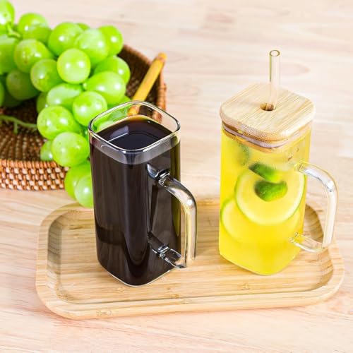 Image of Glass Tumbler with Colored Handle, 400ml Coffee Sipper with Wooden Lid and Glass Straw Iced Tea Mug Clear Drinking Cup for Juice, Milk, Smoothie, Beer Sipper with Straw