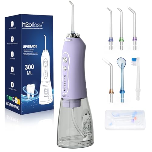 H2ofloss - Púa dental dental de agua, irrigador bucal portátil inalámbrico de 300 ml, limpiador de riego de viaje recargable IPX7, impermeable, para viajes en casa, lavanda
