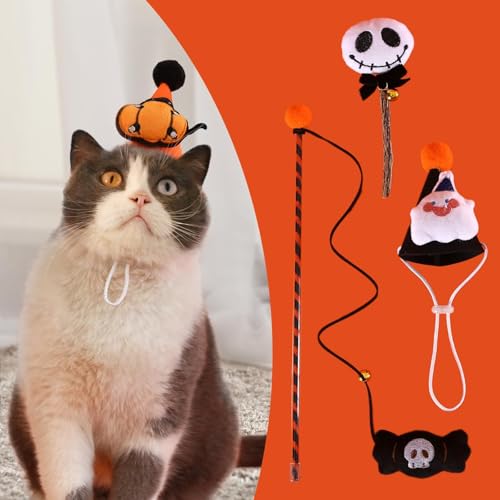 WeiLaiKeQi Gato mastigando brinquedo de Halloween cone chapéu conjunto para gato interno interativo,