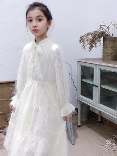 New 5-14Y [Brand Name] Girls White Feathered Dress Long Sleeve Tie Neck Boho Ethereal Party Photoshoot4