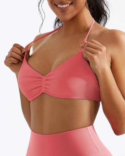 Image of OMKAGI Halter Sports Bras for Women Padded Strappy Bra Open Back Workout Gym Crop