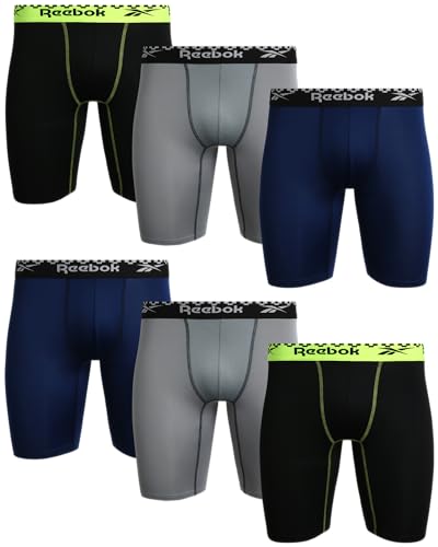 Reebok Men's Boxer Briefs - 6 Pack Sport Soft Performance Long Leg Underwear Boxers for Men with Mesh Fly Pouch (Sizes: S-XL)
