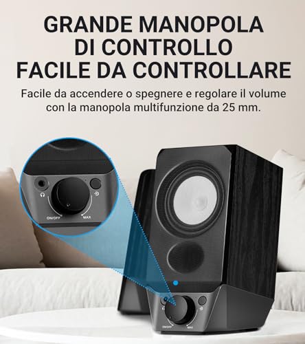 R19BT Casse PC 2.0, Bluetooth 5.3/Scheda Audio USB-A/Aux 3.5mm, Bassi Profondi Suono Stereo, Cabinet in Legno, Design Compatto, Uscita di Cuffie, Controllo Volume, per PC TV Smartphone Tablet - Casse per PC - Immagine 4