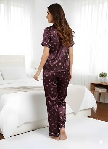 Image of Women's Lycra Heart Printed Night Suit Set of Shirt & Pajama Set Women Night Wear Set,Night Dress for Woman