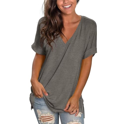 2025 T Shirt Long Femme Grandes Tailles Classique Coupe Ample,T-Shirt Femme À Manches Courtes Col en v Tops D'Été,Tee Shirts De Sport Femmes Casual Tops Tunique...