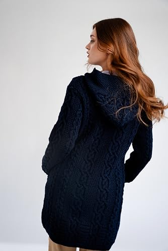 Image of SAOL 100% Merino Wool Aran Irish Cardigan for Women with Pockets, Hood and Celtic Zipper