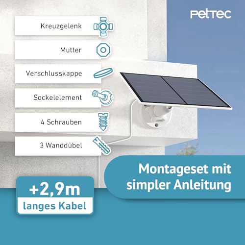 PetTec - Solar Panel für Überwachungskamera aussen Pet Cam - Solarmodul 4,4W in Schwarz - Für Outdoor Kameras mit Akku & USB-Port - Ideal für Pet Cam Produkte - Inkl. Ladekabel und Halterung