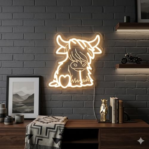 Image of Highland Cow Neon Sign, Cute LED Neon Light Sign for Wall Decor, Highland Cow LED Neon Light Sign for Bedroom, Living Room, Kids Room, Gift Neon Sign for Birthday Highland Cow Party Decorations