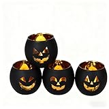 Halloween Candle Holders, Jack O Lanterns 4PCS, Black Glass Votive Tealight Holders for Spooky Indoor Outdoor Halloween Table Decor & Gift