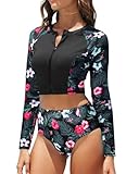 Pinup Fashion Long Sleeve Swimsuit Black Flower Zipper 2 Piece Rashghard Set Crop Swim Tops with Bulit in Bra M