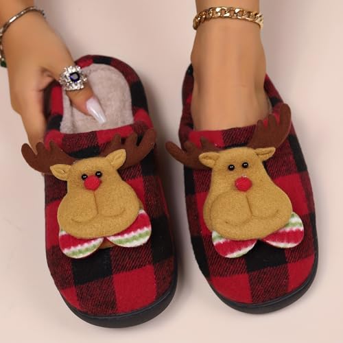Christmas Home Slippers for Women,Fuzzy Mens Slippers,Santa Claus Reindeer Christmas Tree Retro Soft Plush Warm Slip-on House Slippers Outdoor Indoor Bedroom Shoes Anti-Skid Sole 5
