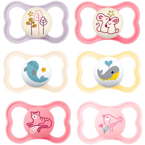 Mam Day & Night Mam Air "Skin Soft" Ciuccio In Silicone 16+ // Mam Air Night Girl // Set Da 6 // Incl. 3 Contenitori Sterili Per Il Trasporto.