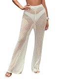BreathSunny Womens Crochet Open Knit Tie Drawstring Swimsuit Coverup Pants Summer 2024 Trendy Elastic Waist Mesh Swimwear Coverups Beach Swim Bathing Suit Cover Up Long Pant Apricot S