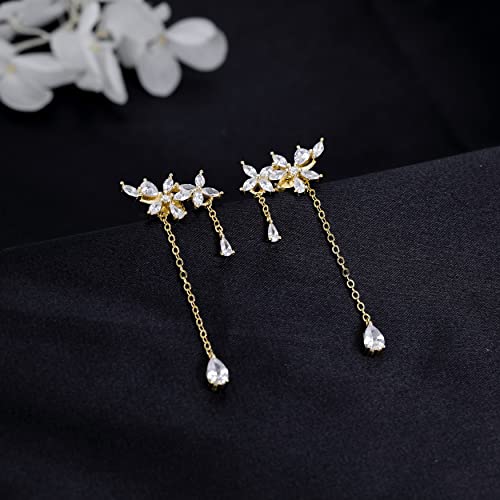SLUYNZ 925 Sterling Silver CZ Flowers Wrap Dangle Chain Earrings - Elegant Bridal Wedding Engagement Drop Earrings4