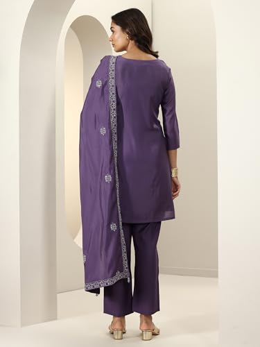 Image of Libas Womens Embroidered Silk Blend Straight Kurta with Palazzos and Dupatta