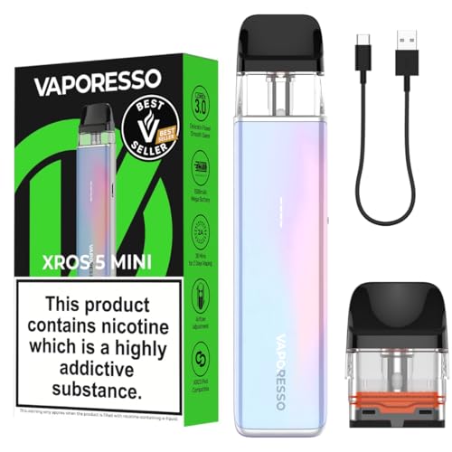 Vaporesso Xros 5 mini Vape Kit - (Pastel Crystal) 1500mAh Rechargeable Battery 2A Fast Charging [10 Colours] LED Lights Refillable vape Kit Compatible With Xros Pods No Nicotine