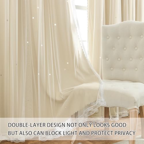 Image of XiDi Beige Curtains with Sheer Overlay for Living Room Bedroom 2 Panels Star Hollow Out 80% Blackout Double Layer Curtains for Kids Girls Room Darkening Grommet Window Drapes with Tiebacks W52 X L54