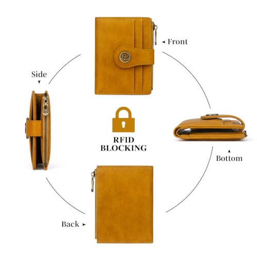 Image of Leather Wallet Women,Slim Compact Card Holder Wallet(yellow) | Small Wallet with RFID Blocking,Zipper Coin Pocket,Top Grain Cowhide Bifold Women's Wallet