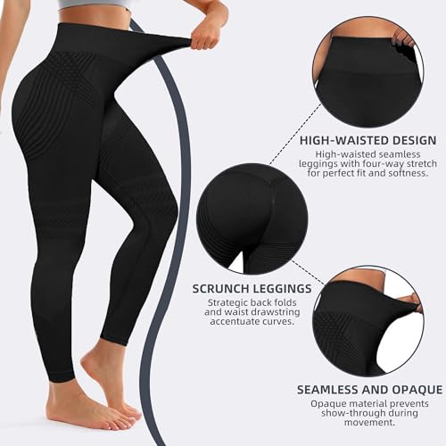 Anti Cellulite Leggings, Sportleggins Damen Lang Kompressions Leggings Po Push Up, Boom Booty High Waist Blickdicht Yoga Pilates Sporthose (DE/NL/SE/PL, Alphanumerisch, L, Regular, Regular, Schwarz)