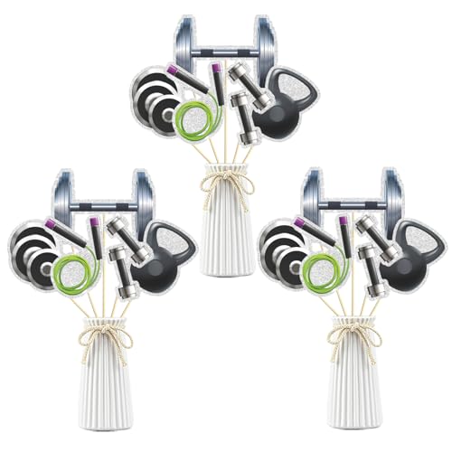Image of Set of 15,Gym Theme Centerpiece Sticks,Weight Lifting Motion Table Toppers,Biceps Dumbbells Kettlebells Bodybuilding Cupcake Picks,Fitness Themed Birthday Party Decorations