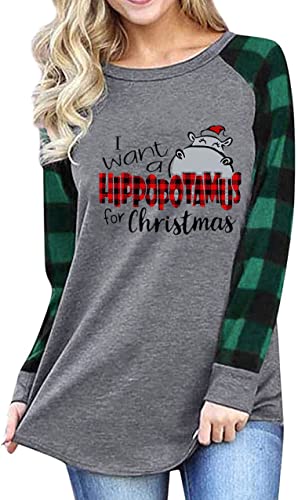 EXMIUN I Want A Hippopotamus for Christmas Tshirt Women Funny Cute Hippopotamus Tee Plaid Letter Print 3/4 Sleeve Tops, Green, M